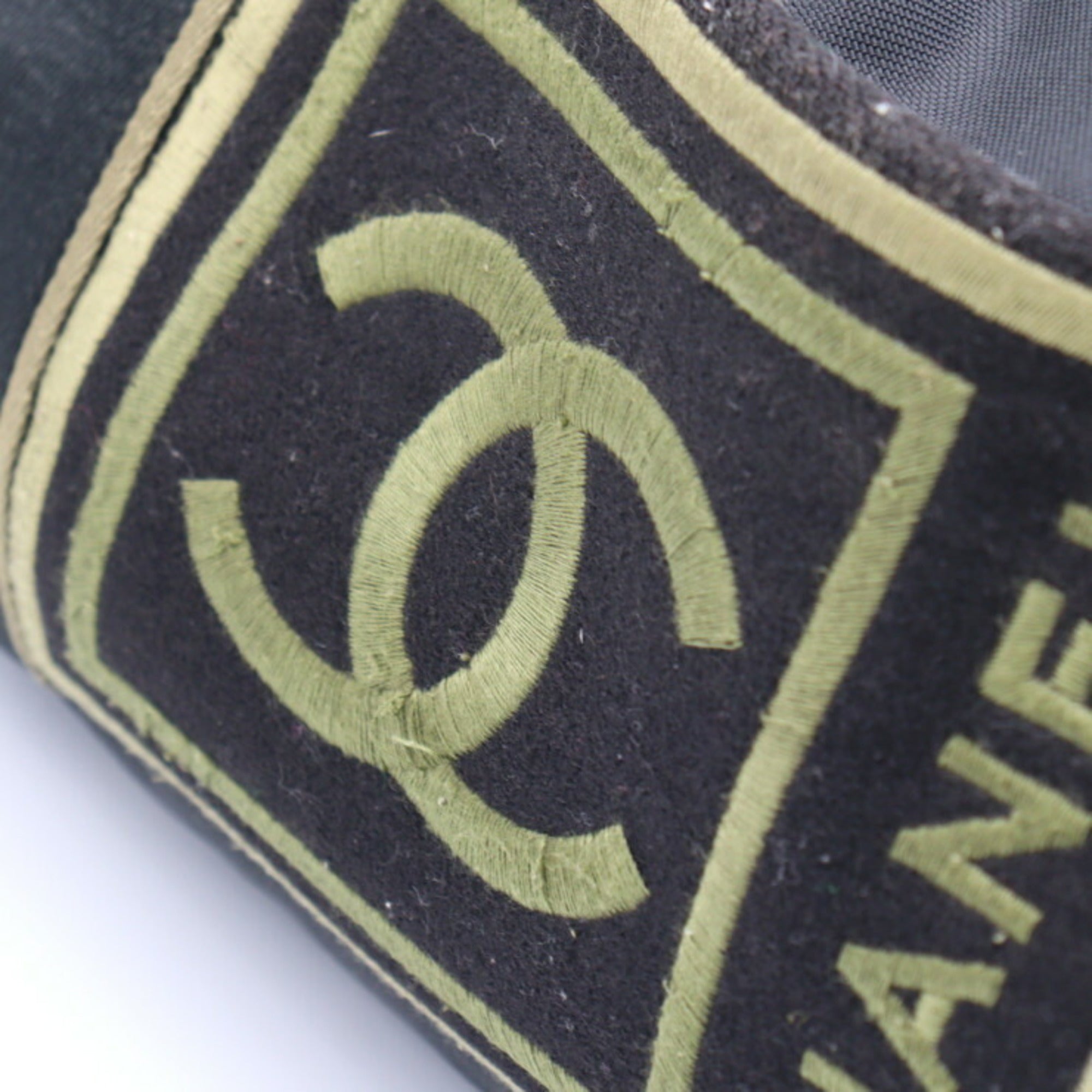 CHANEL Sport Line Boston Bag Nylon Canvas Black Khaki Green Shoulder Travel Cocomark 10 Series Round Cylindrical