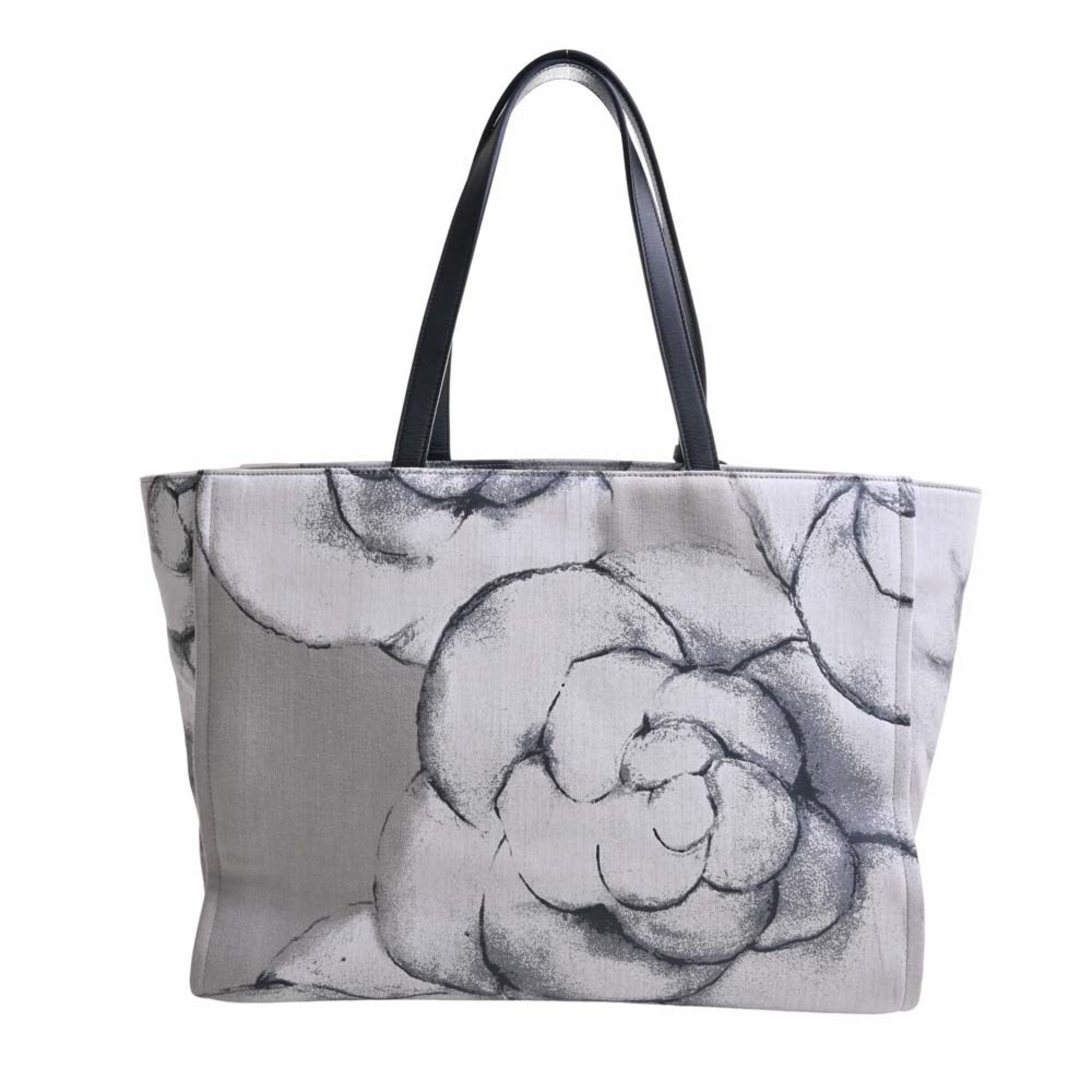 CHANEL Canvas Camellia Tote Bag Black/Gray/White Women's