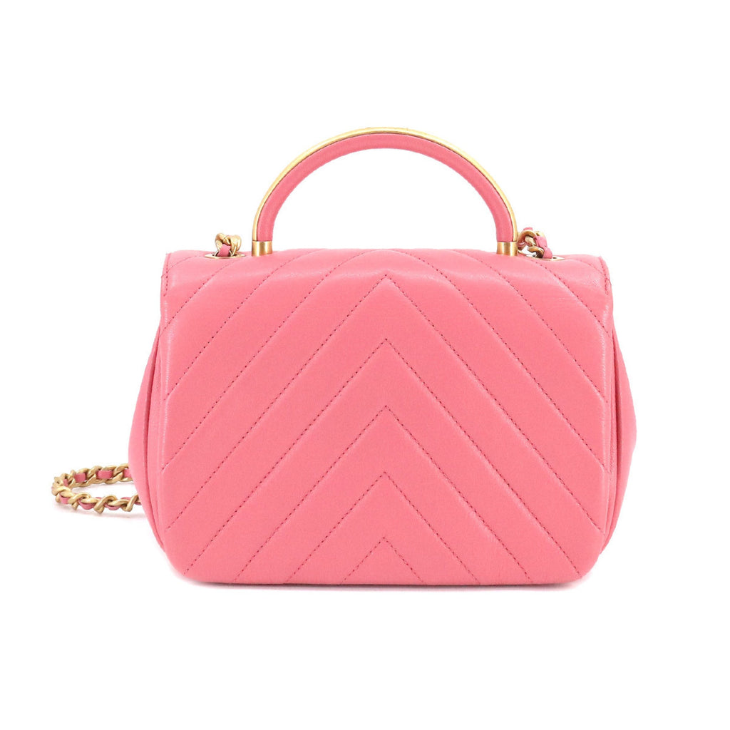 CHANEL Chevron V Stitch Top Handle 2way Hand Shoulder Bag Leather Pink