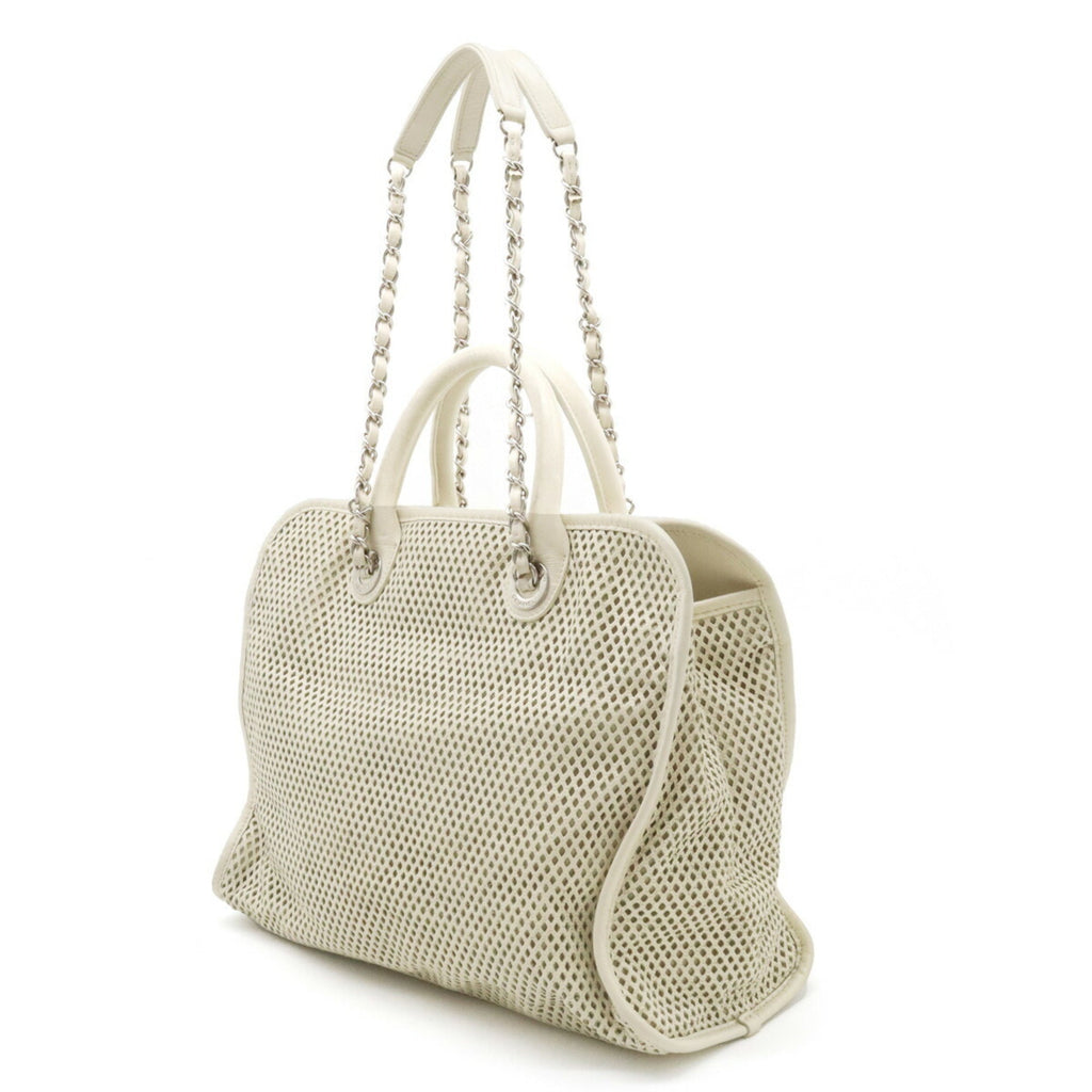 CHANEL Coco Mark Perforated Mesh Handbag Tote Bag Shoulder Chain Leather Ivory