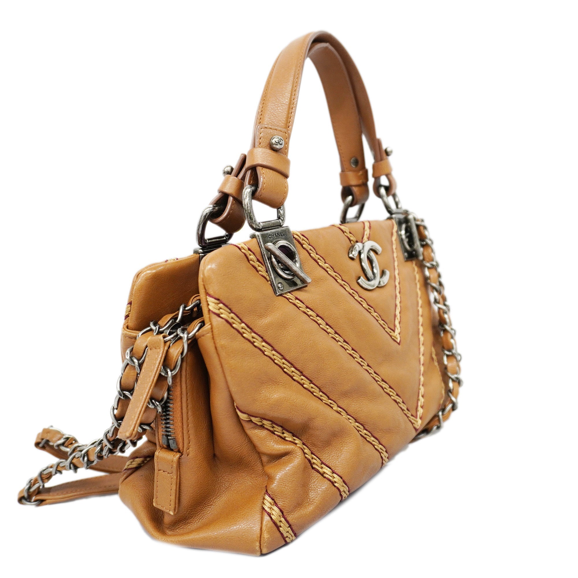 CHANELAuth  2WAY Bag V Stitch Chain Shoulder Women's Leather Handbag