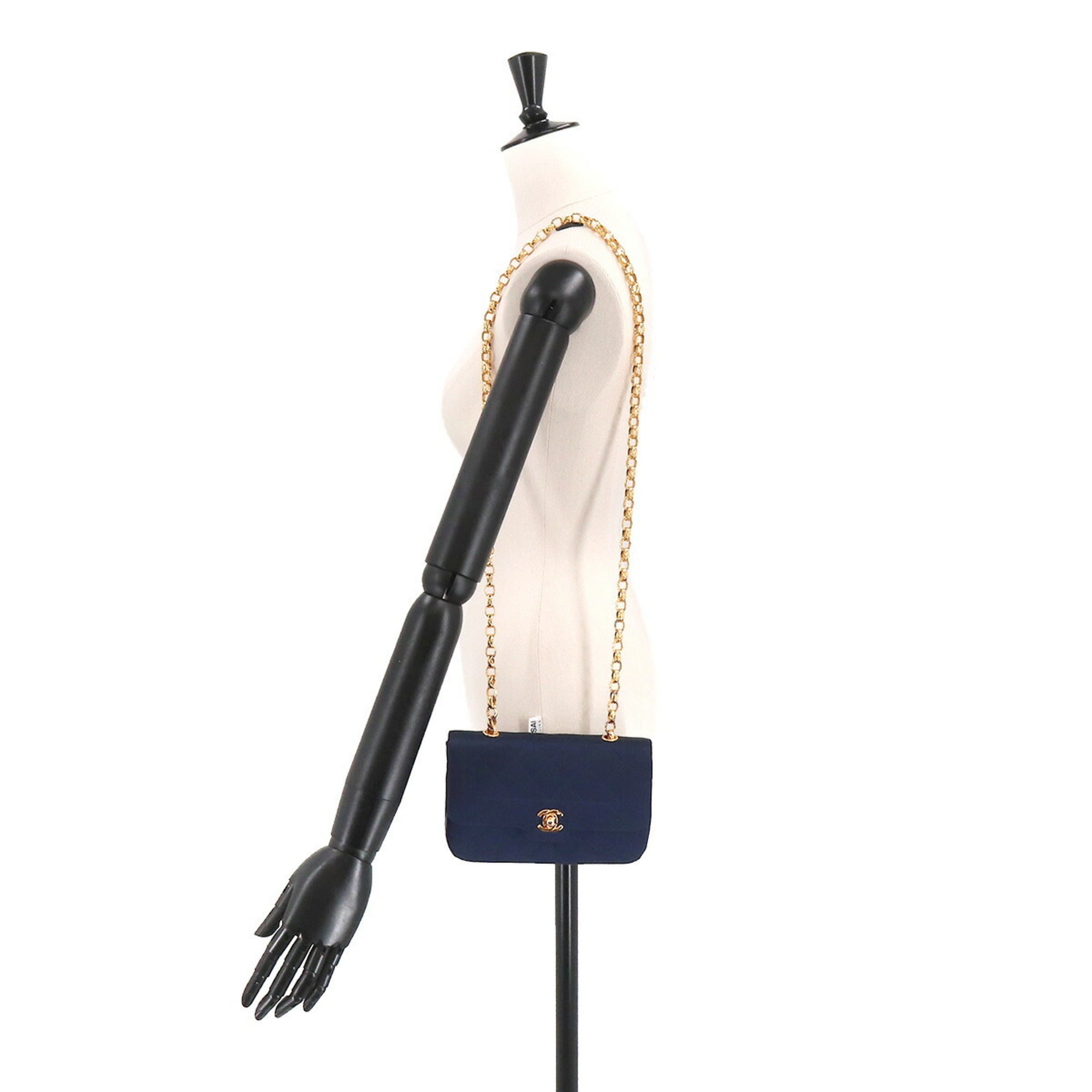 CHANEL Matelasse Bijou Chain Shoulder Bag Satin Navy Gold Hardware Vintage