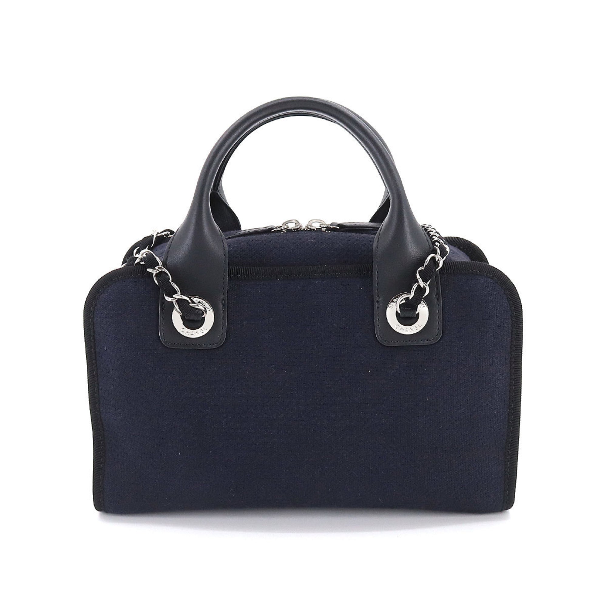 CHANEL Deauville Bowling 2way Hand Chain Shoulder Bag Canvas Leather Navy A92749