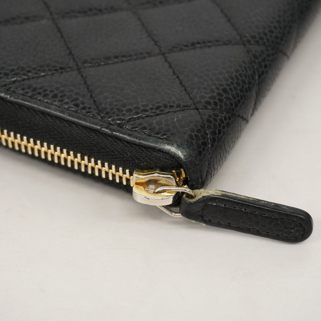 CHANELAuth  Matelasse Gold Hardware Women's Caviar Leather Long Wallet Black