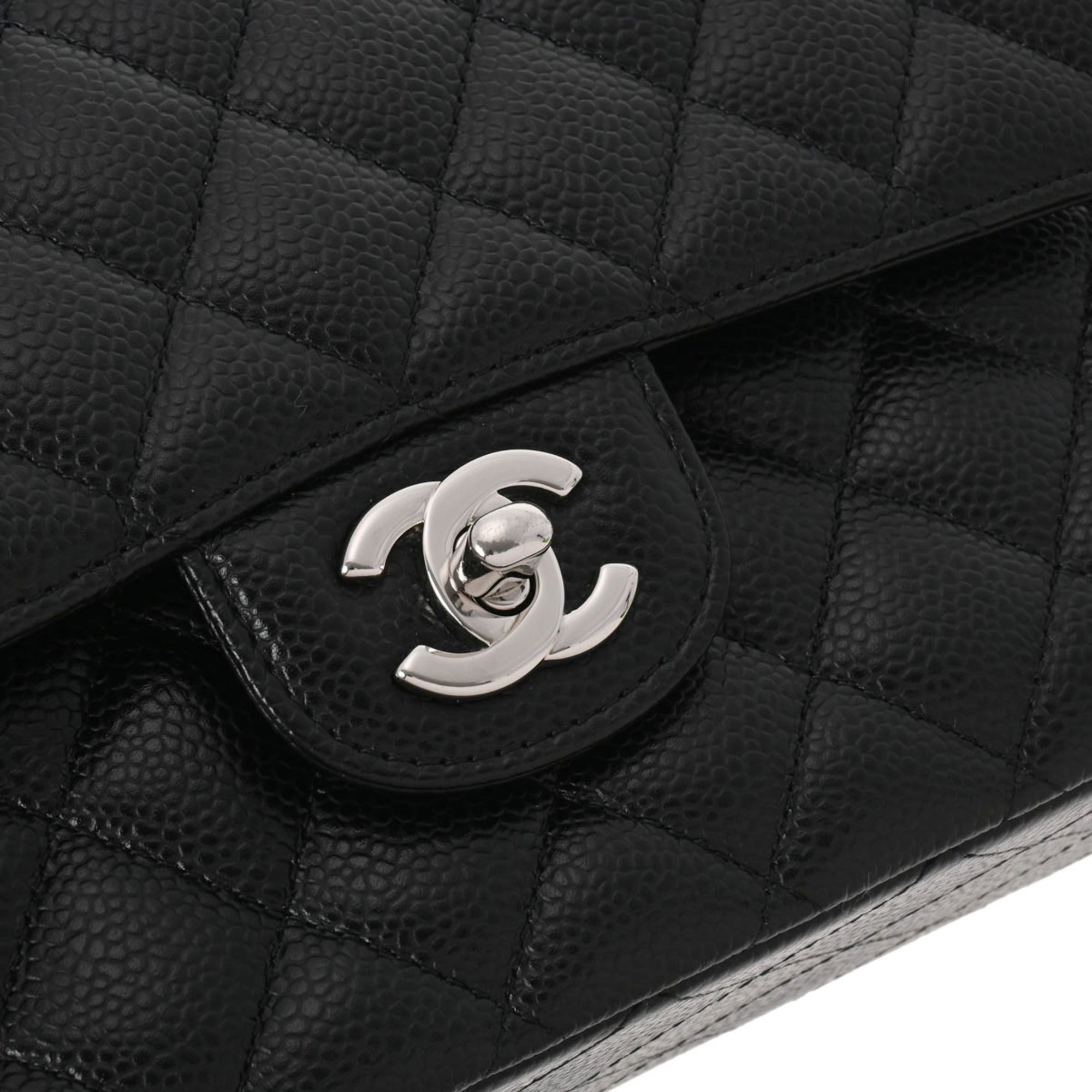 CHANEL Matelasse Chain Shoulder 25cm W Flap Black Ladies Caviar Skin Bag