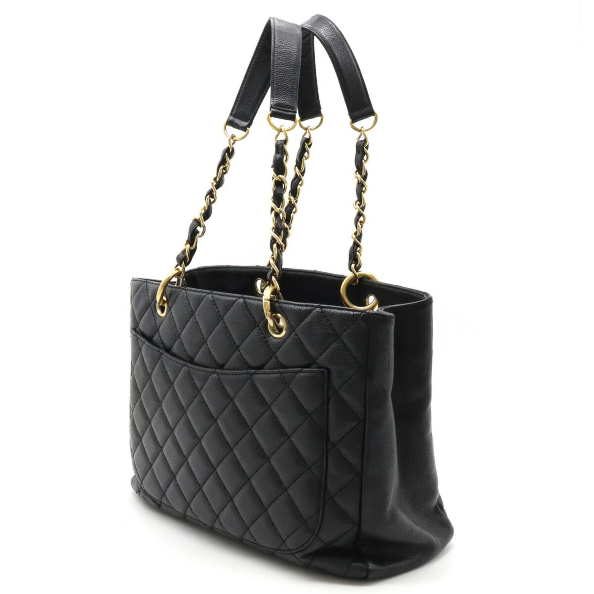 CHANEL Matelasse Coco Mark Chain Tote Bag Shoulder Caviar Skin Leather Black A50995