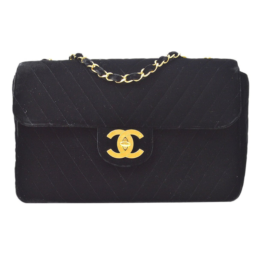 CHANEL★ 1991-1994 Chevron Classic Flap Maxi Black Velvet AK37942e