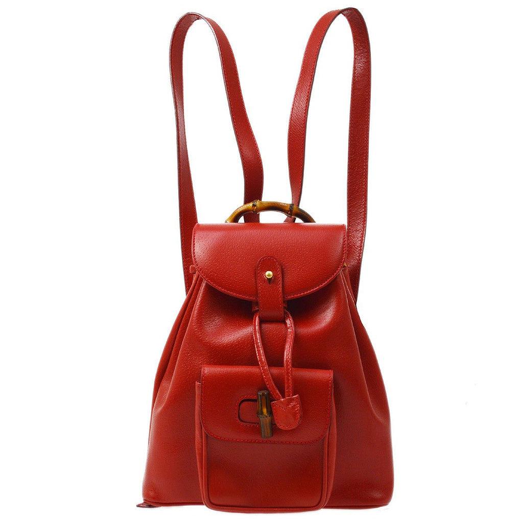 GUCCI 1980s Red Pigskin Bamboo Backpack Small