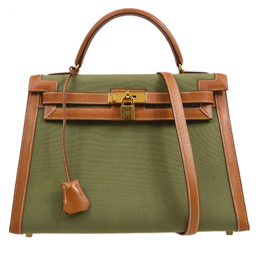 HERMES KELLY 32 SELLIER Bicolor Toile Officier Courchevel