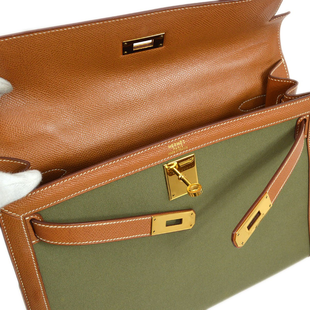 HERMES KELLY 32 SELLIER Bicolor Toile Officier Courchevel