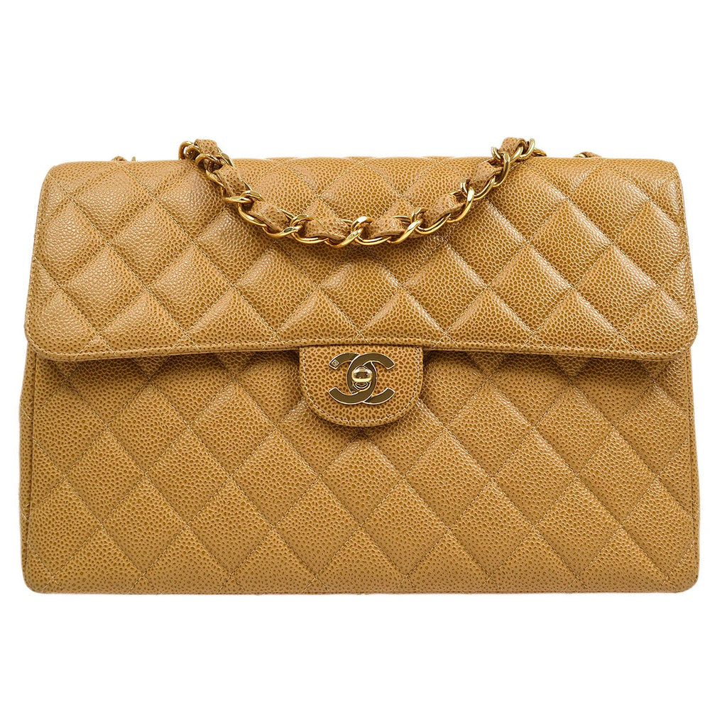 CHANEL 2000-2001 Beige Caviar Classic Flap Jumbo 43271