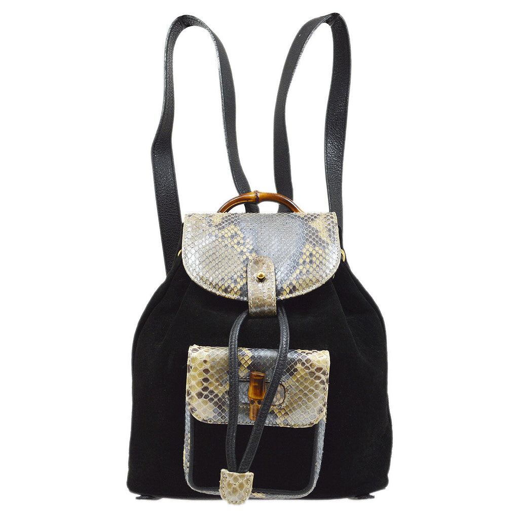 GUCCI 1980s Black Suede Python Bamboo Backpack Small