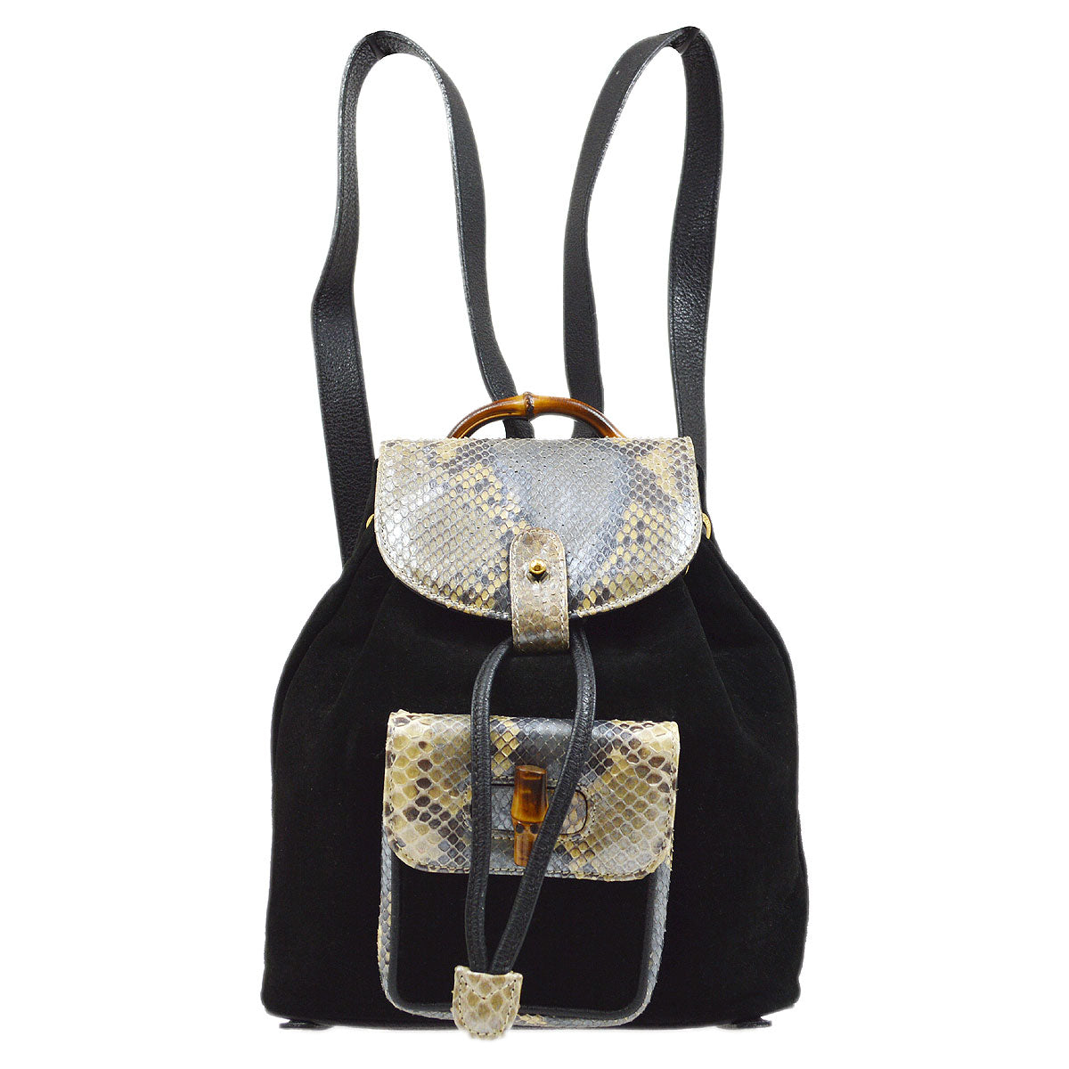 GUCCI 1980s Black Suede Python Bamboo Backpack Small