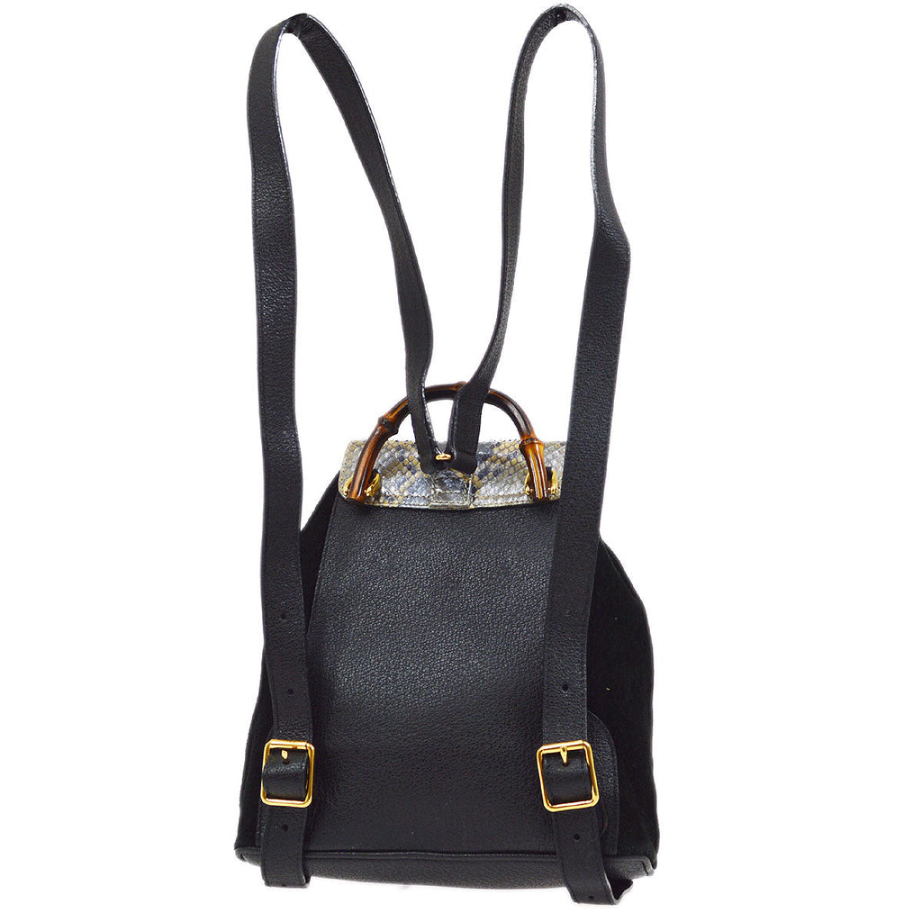 GUCCI 1980s Black Suede Python Bamboo Backpack Small