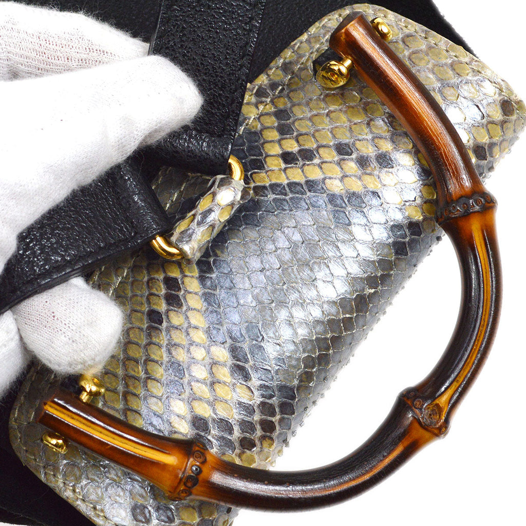 GUCCI 1980s Black Suede Python Bamboo Backpack Small