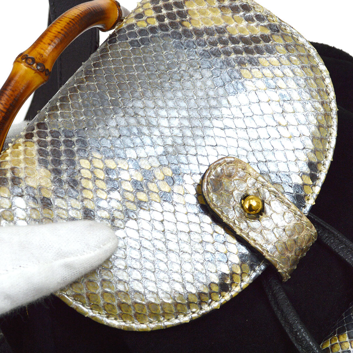 GUCCI 1980s Black Suede Python Bamboo Backpack Small