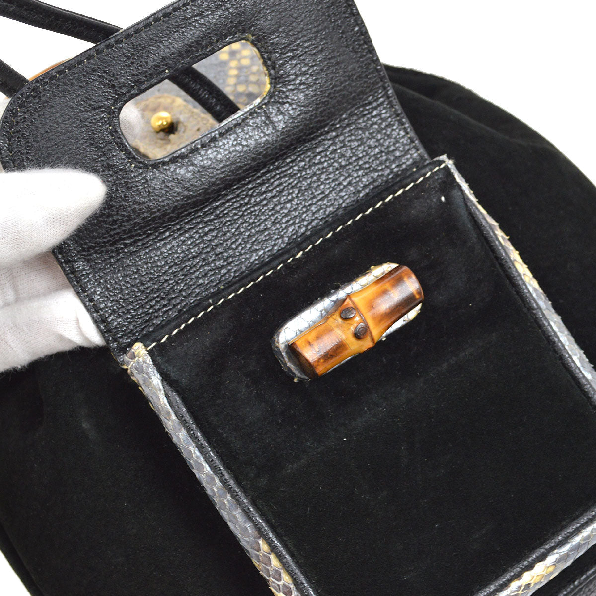GUCCI 1980s Black Suede Python Bamboo Backpack Small
