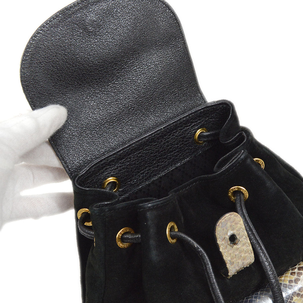 GUCCI 1980s Black Suede Python Bamboo Backpack Small