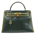 HERMES 1980 KELLY 32 SELLIER Bicolor Green Box Calf Amazonia