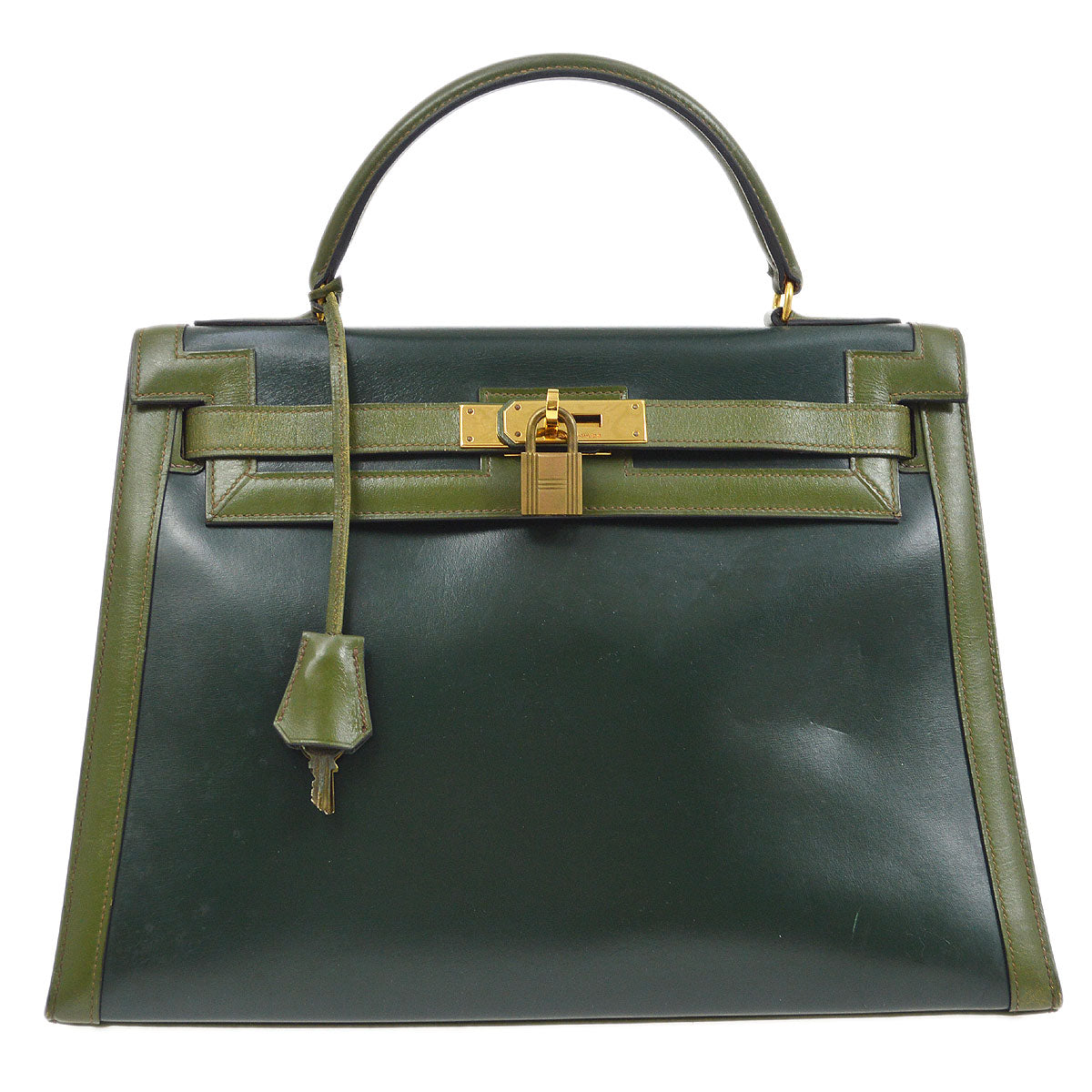 HERMES 1980 KELLY 32 SELLIER Bicolor Green Box Calf Amazonia