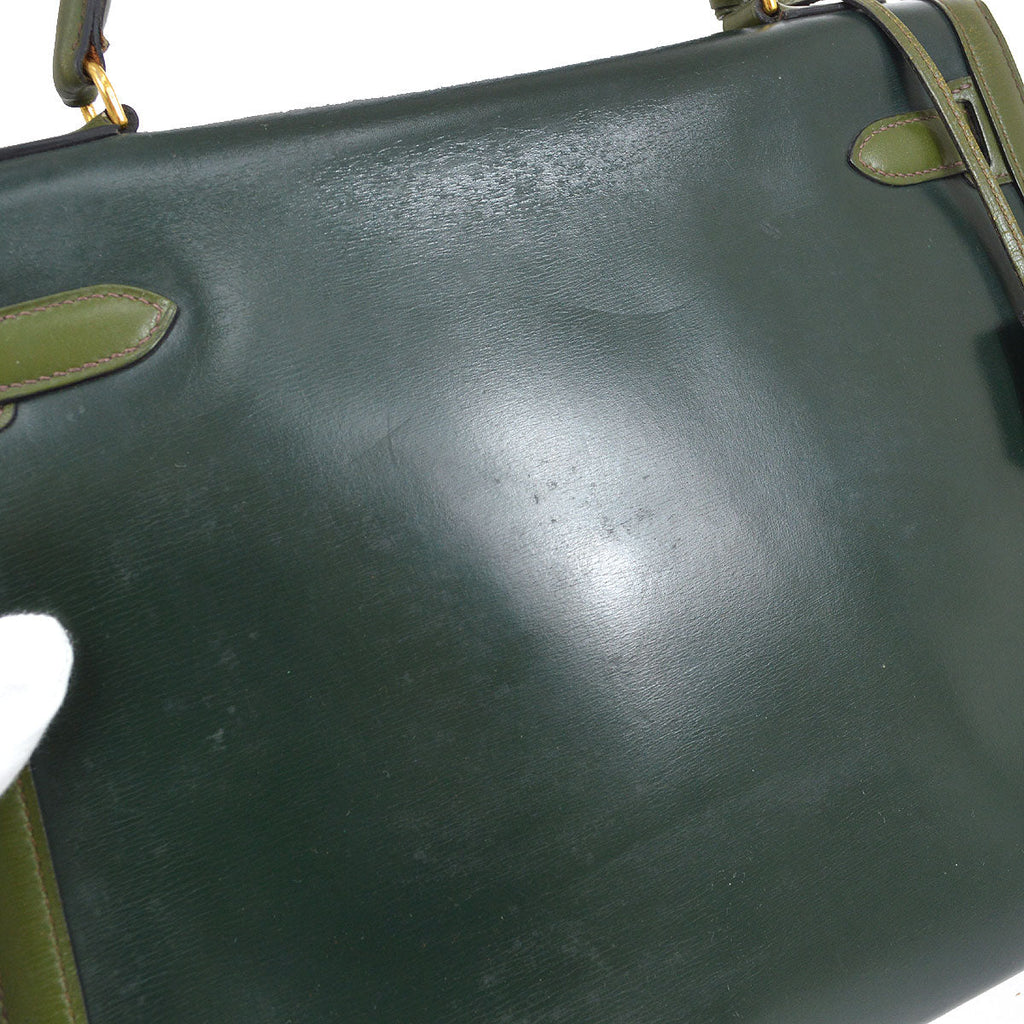 HERMES 1980 KELLY 32 SELLIER Bicolor Green Box Calf Amazonia