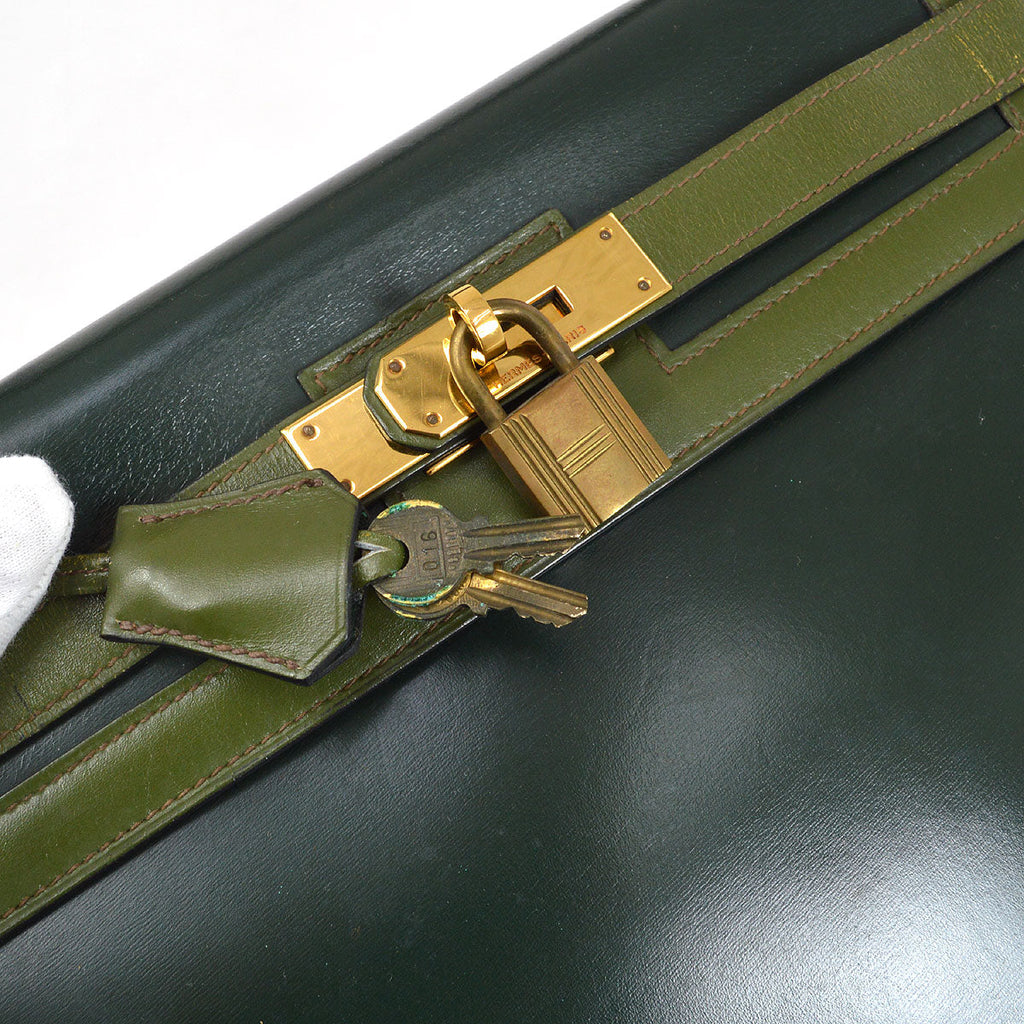 HERMES 1980 KELLY 32 SELLIER Bicolor Green Box Calf Amazonia