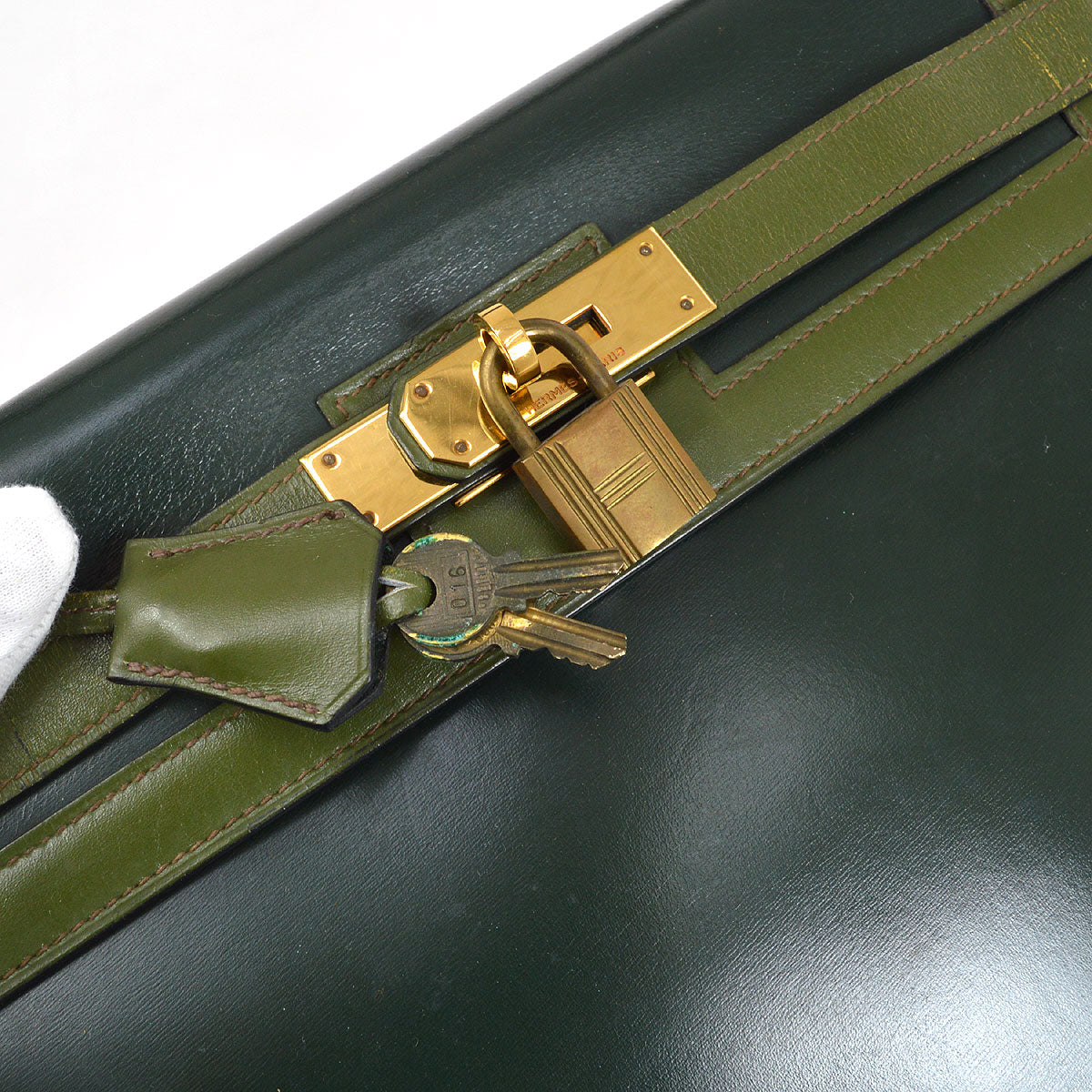 HERMES 1980 KELLY 32 SELLIER Bicolor Green Box Calf Amazonia