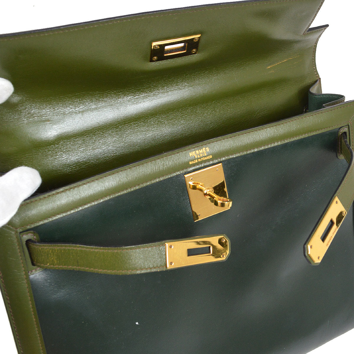 HERMES 1980 KELLY 32 SELLIER Bicolor Green Box Calf Amazonia