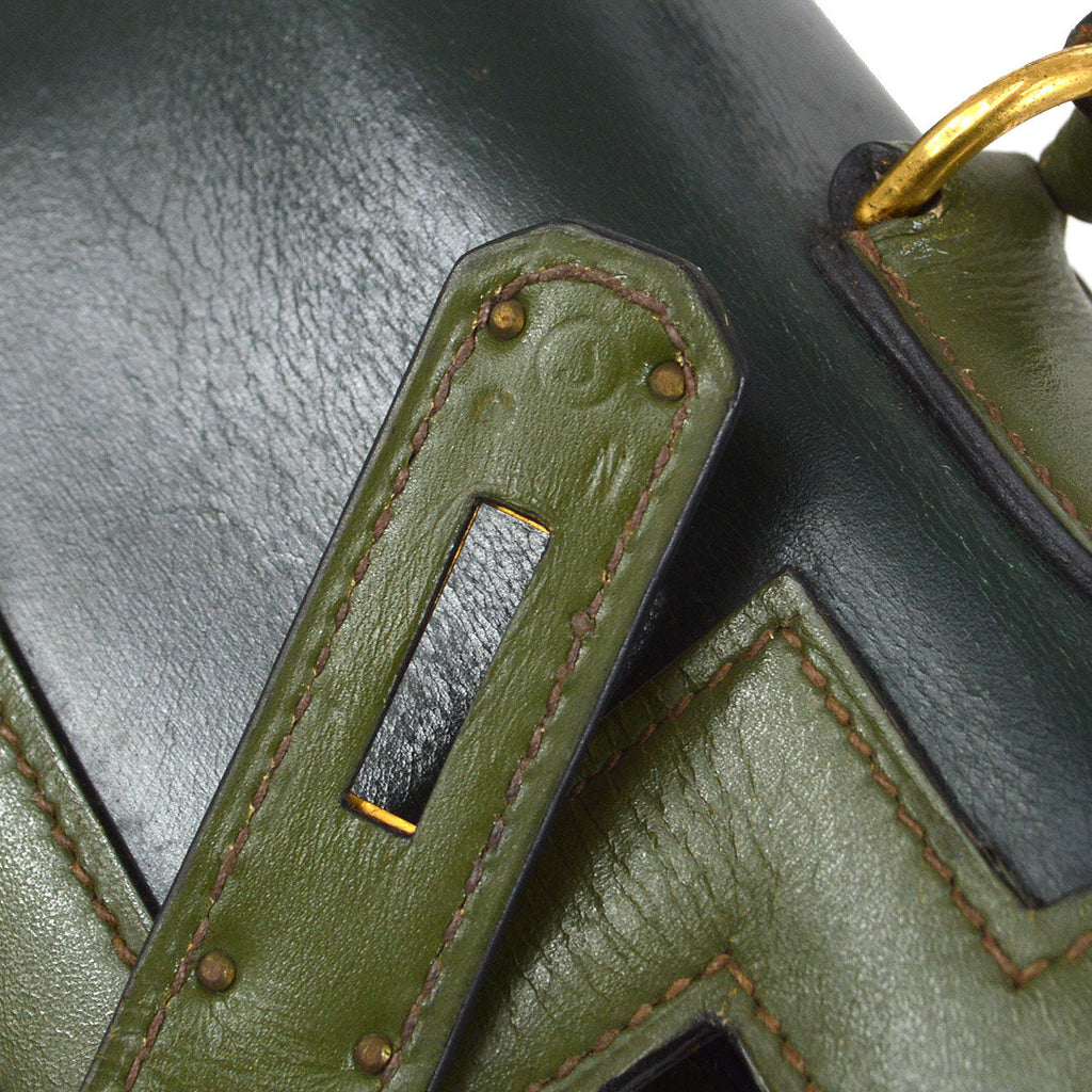 HERMES 1980 KELLY 32 SELLIER Bicolor Green Box Calf Amazonia