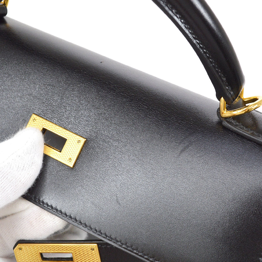 HERMES KELLY GUILLOCHE 32 SELLIER Black Box Calf