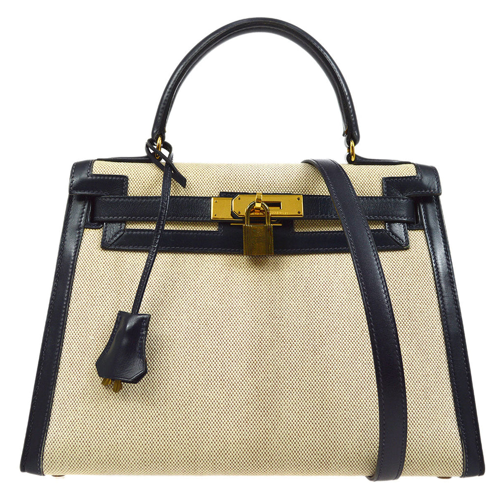 HERMES 1986 KELLY 28 SELLIER Natural Navy Toile H Box calf