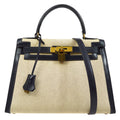 HERMES 1986 KELLY 28 SELLIER Natural Navy Toile H Box calf
