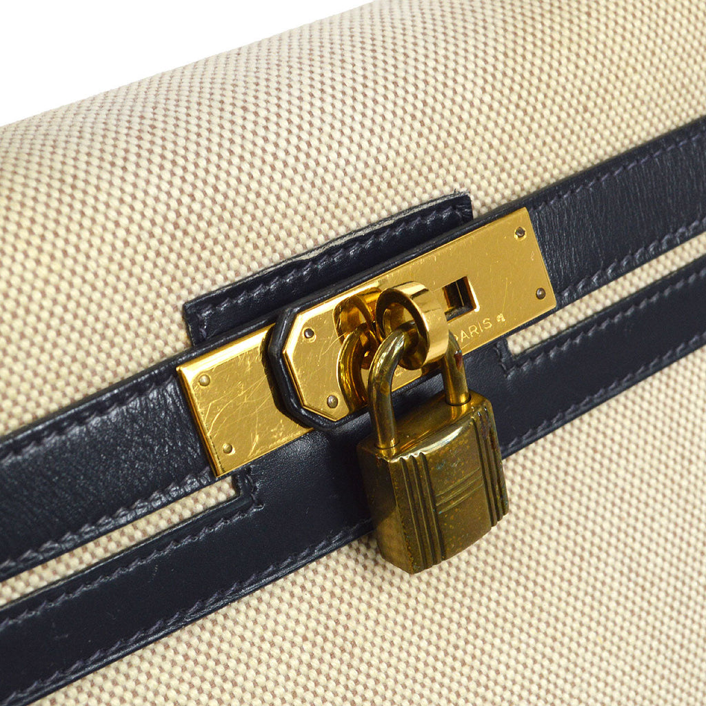 HERMES 1986 KELLY 28 SELLIER Natural Navy Toile H Box calf