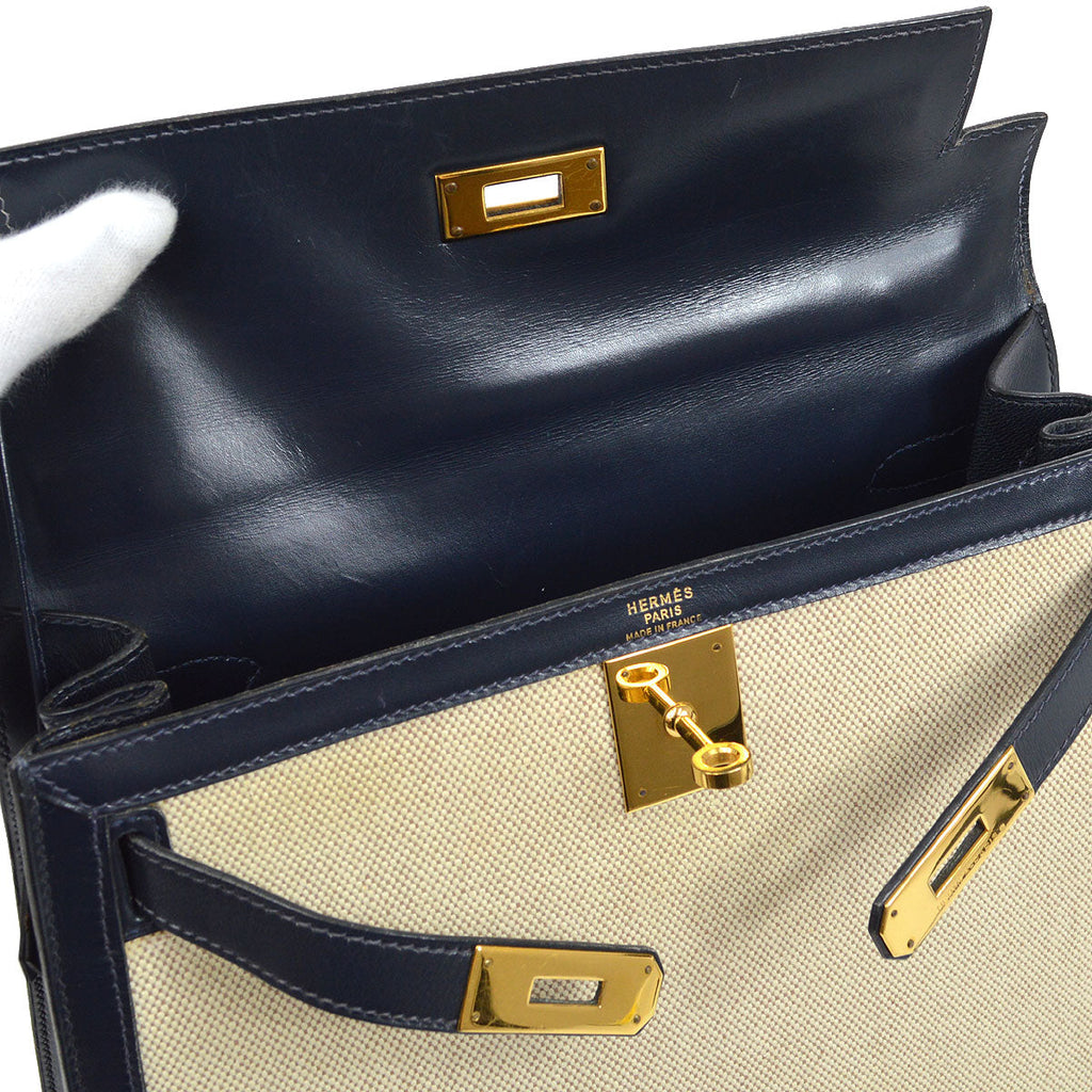 HERMES 1986 KELLY 28 SELLIER Natural Navy Toile H Box calf