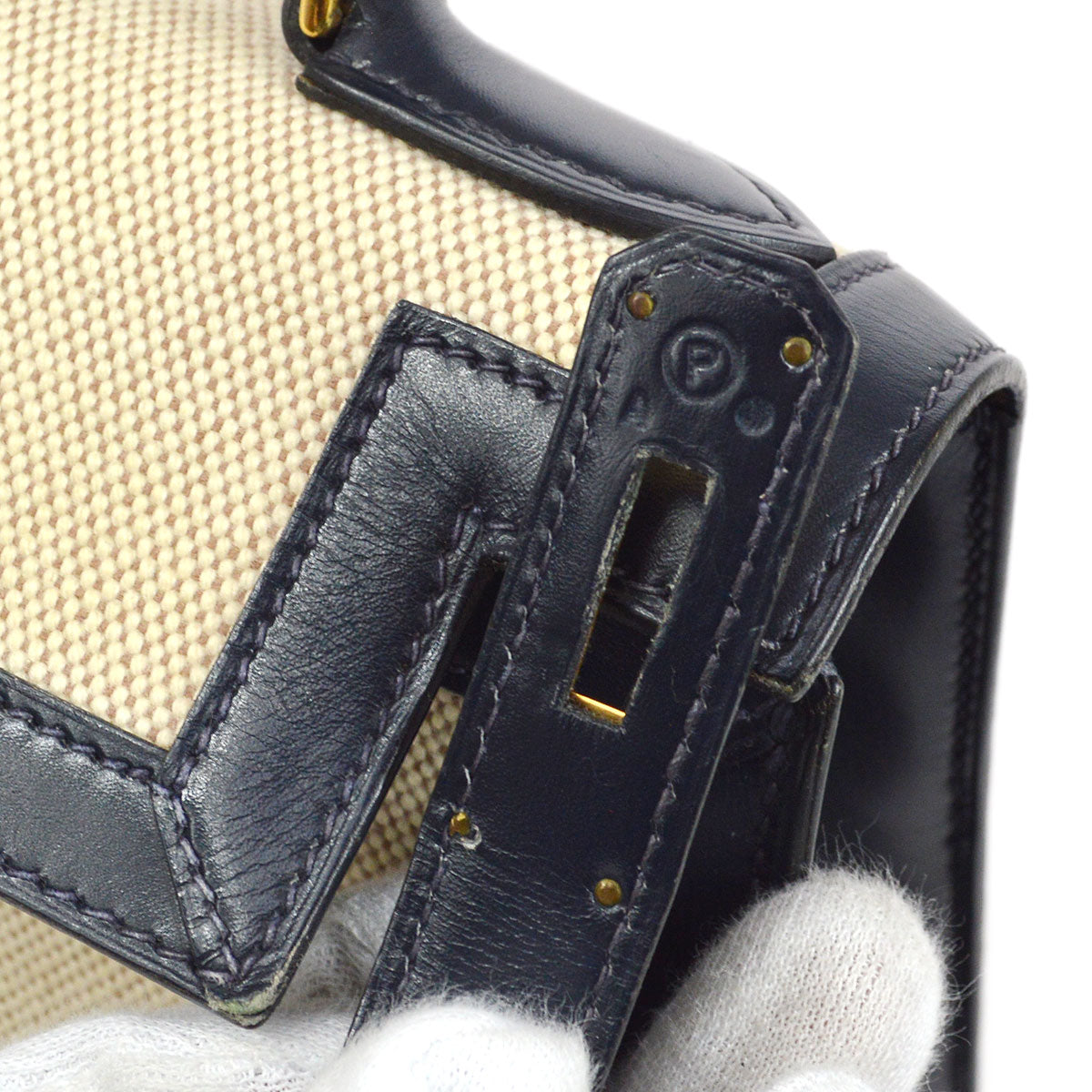 HERMES 1986 KELLY 28 SELLIER Natural Navy Toile H Box calf