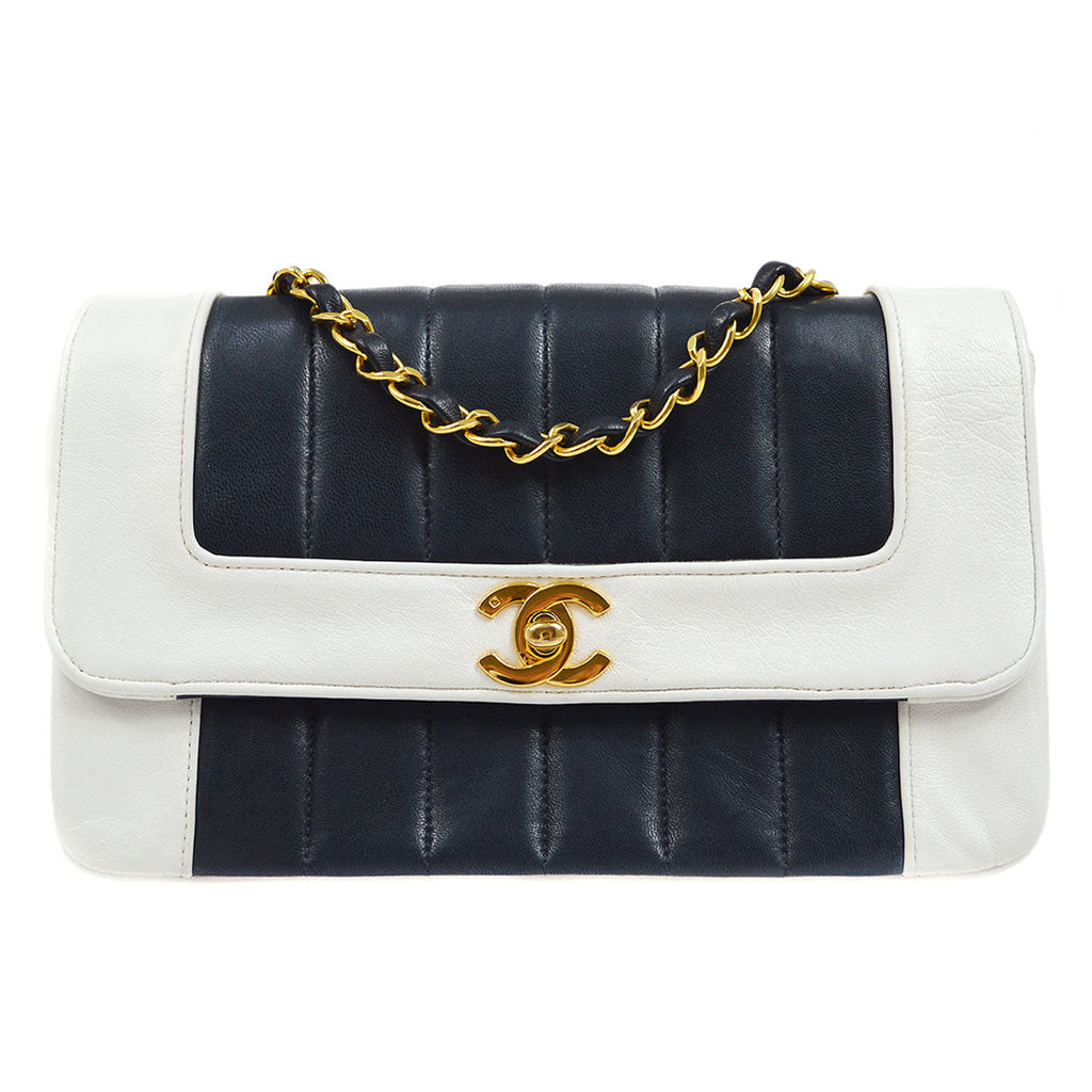 CHANEL★ 1993 Navy White Lambskin Vertical Border Flap Small 85081