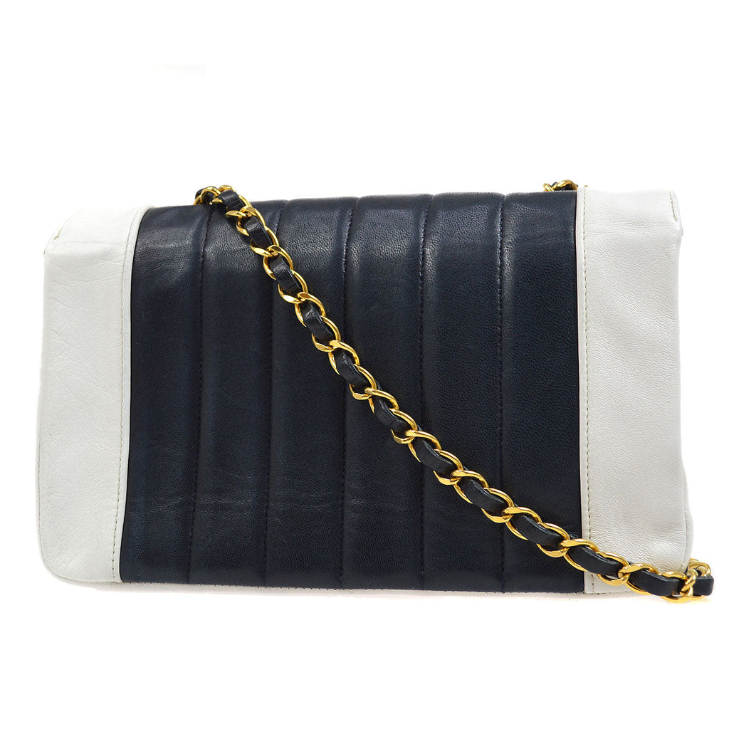 CHANEL★ 1993 Navy White Lambskin Vertical Border Flap Small 85081