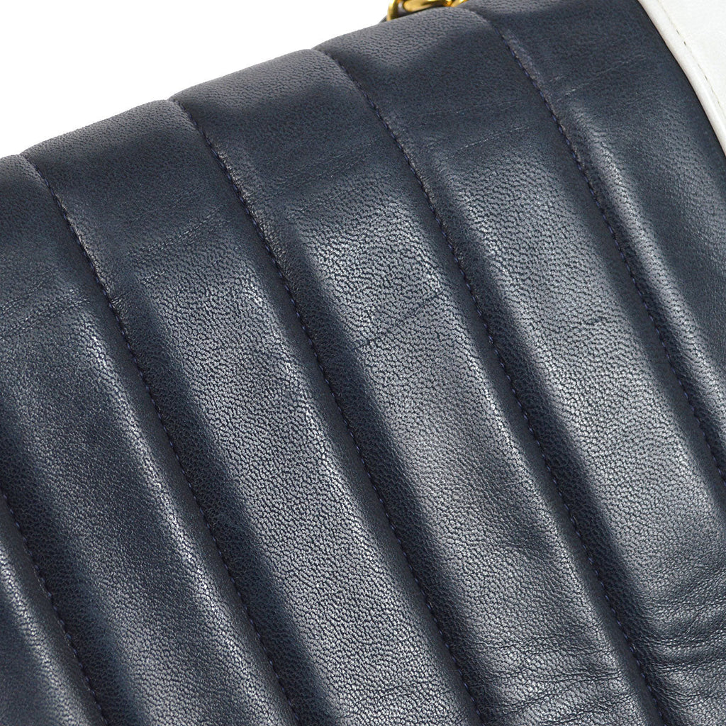 CHANEL★ 1993 Navy White Lambskin Vertical Border Flap Small 85081