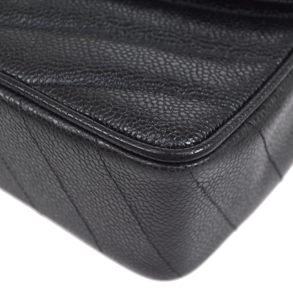 CHANEL★ 1994-1996 Black Caviar Chevron Letter Flap Bag 75337