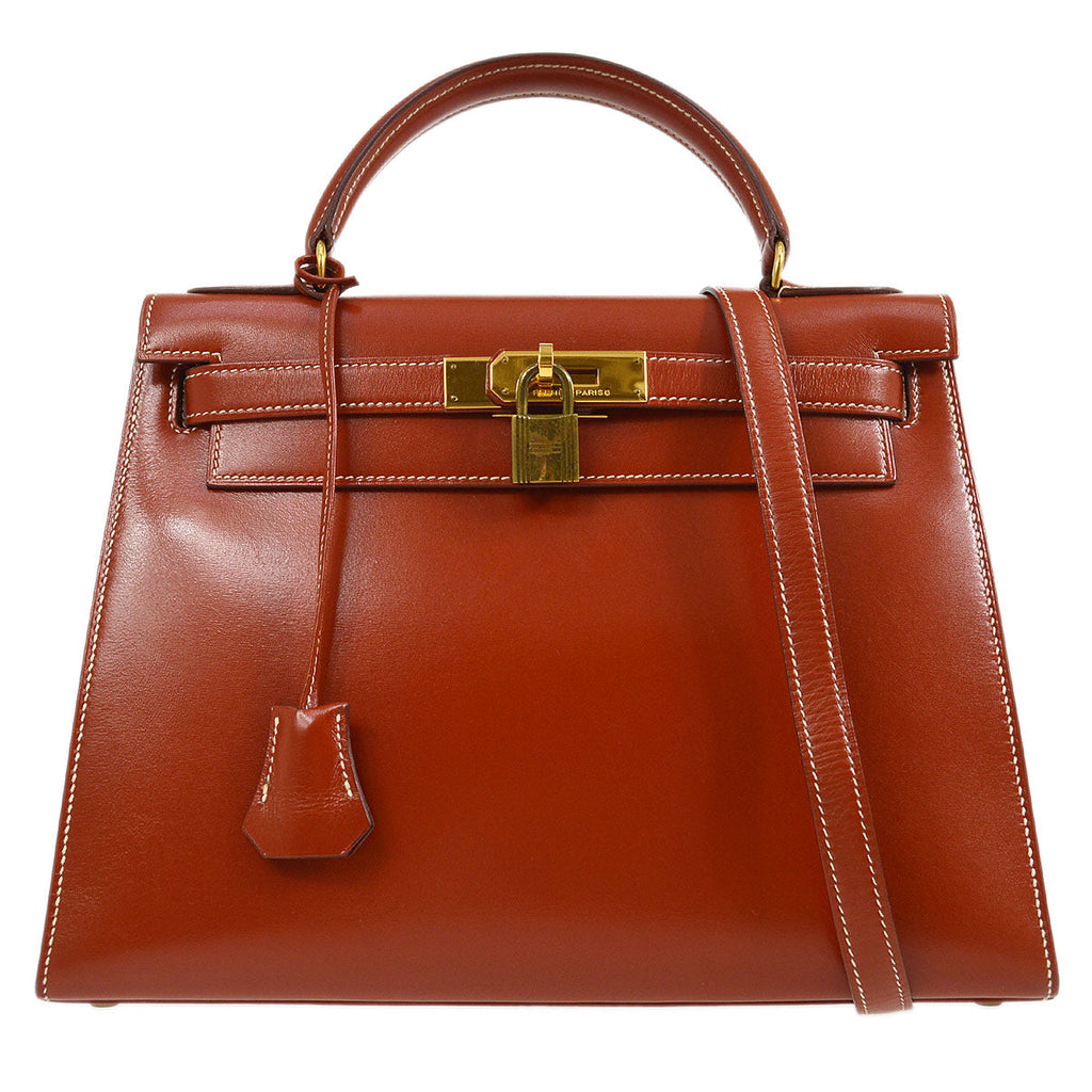 HERMES 1990 KELLY 28 SELLIER Brique Box calf