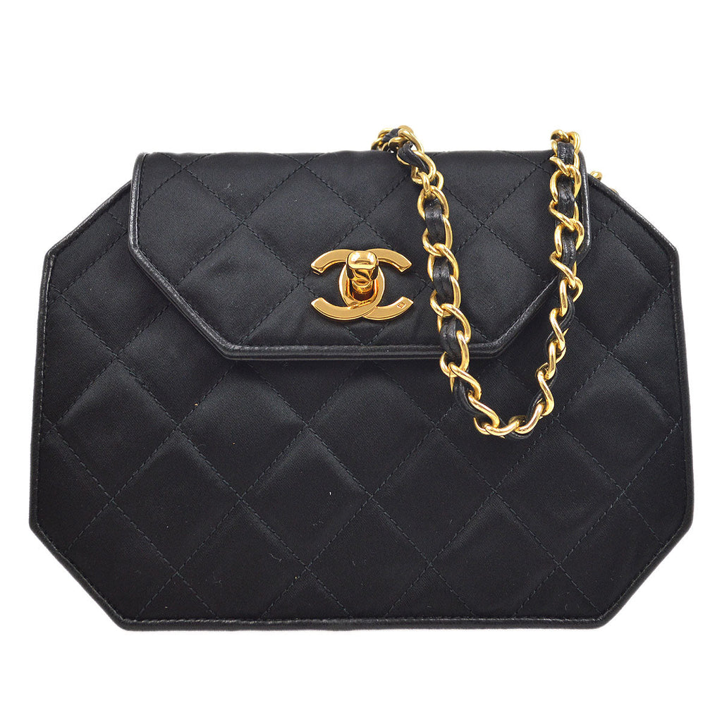 CHANEL★ 1989-1991 Black Satin Octagonal Flap Bag A41381c