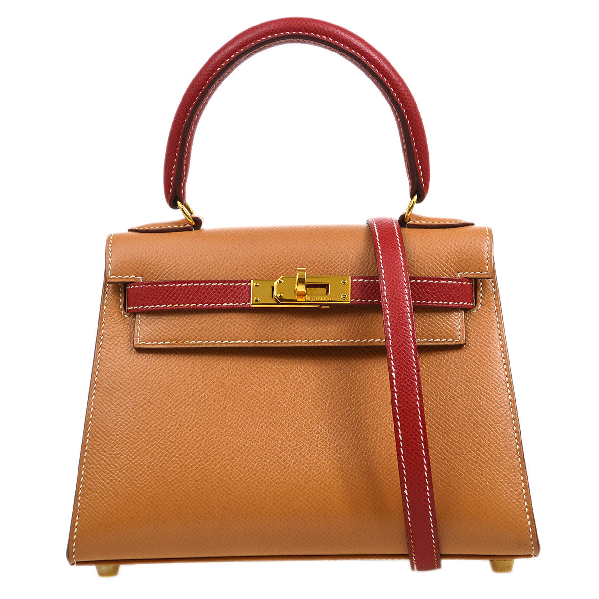 HERMES * 1994 MINI KELLY 20 SELLIER Courchevel Natural Rouge Vif