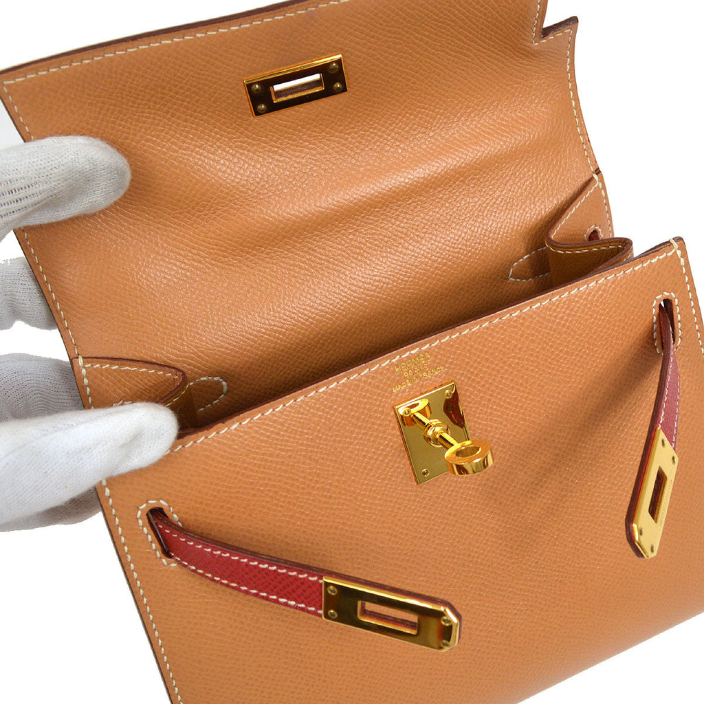 HERMES * 1994 MINI KELLY 20 SELLIER Courchevel Natural Rouge Vif