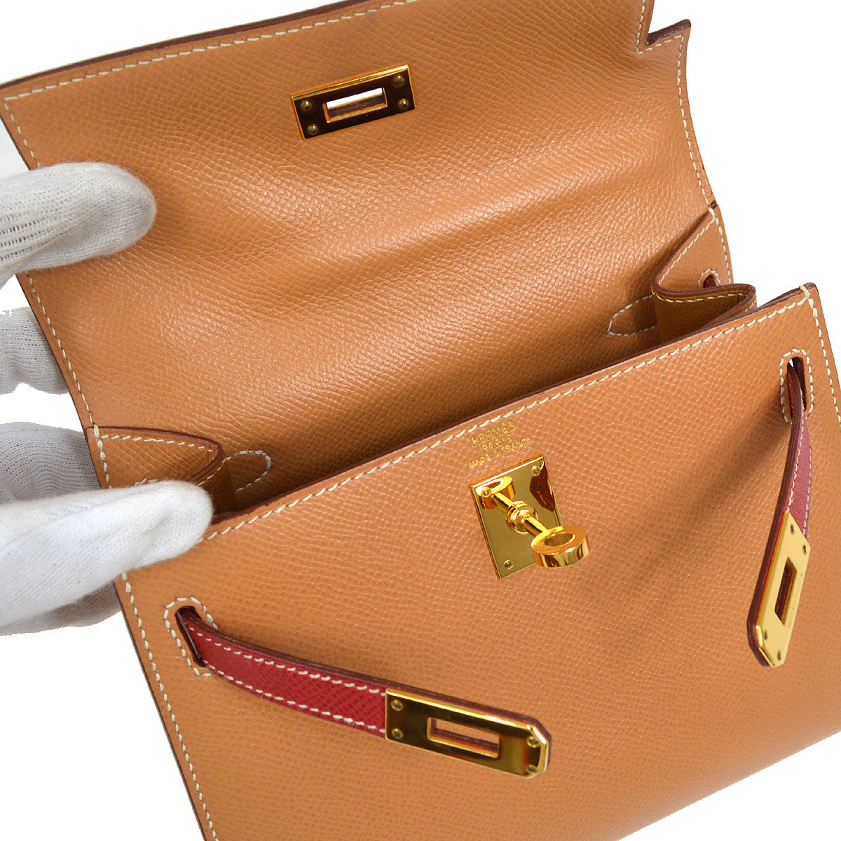HERMES * 1994 MINI KELLY 20 SELLIER Courchevel Natural Rouge Vif