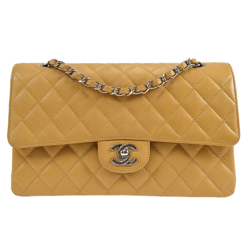 CHANEL 2000-2001 Classic Double Flap Medium SHW Beige Caviar 46370