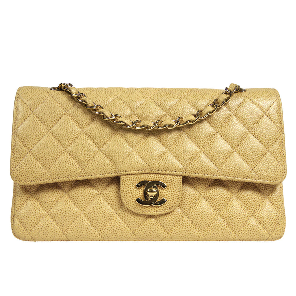 CHANEL 2001-2003 Classic Double Flap Medium Beige Caviar 27228