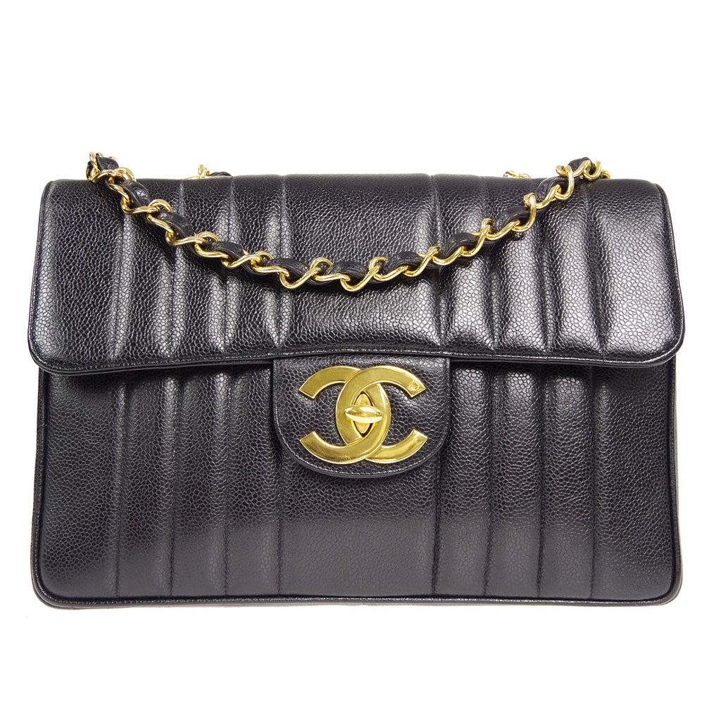 CHANEL★ 1991-1994 Vertical Classic Flap Jumbo Black Caviar 17219