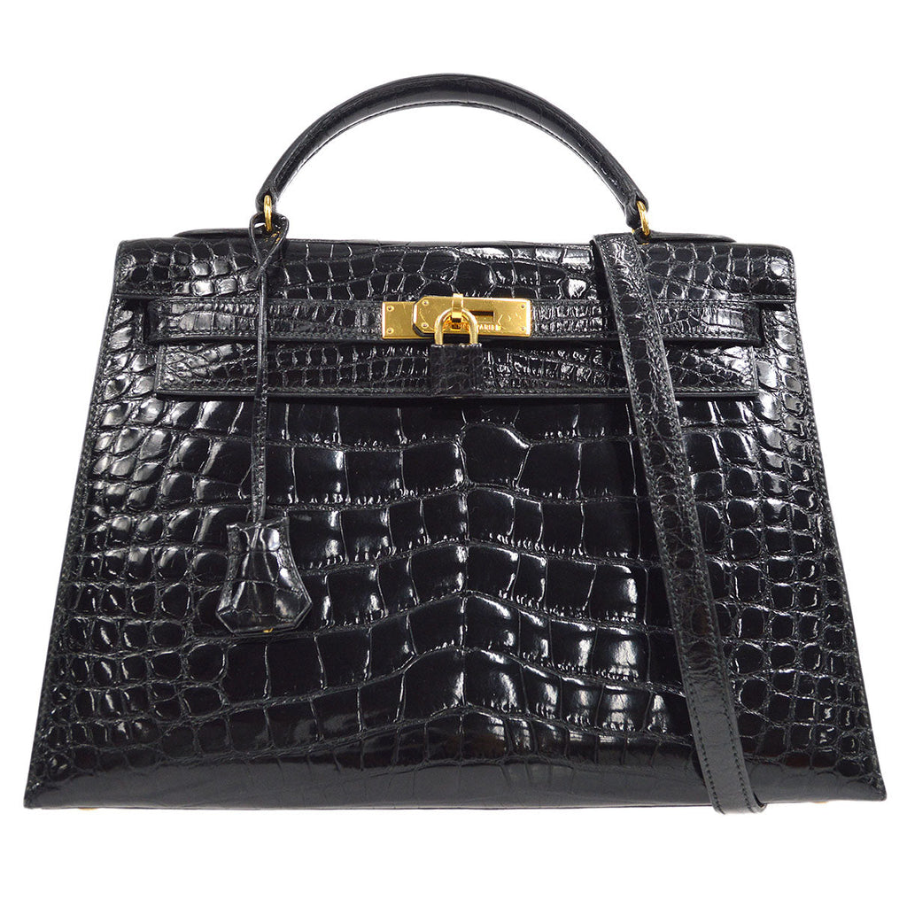 HERMES * 1995 KELLY 32 SELLIER Black Alligator