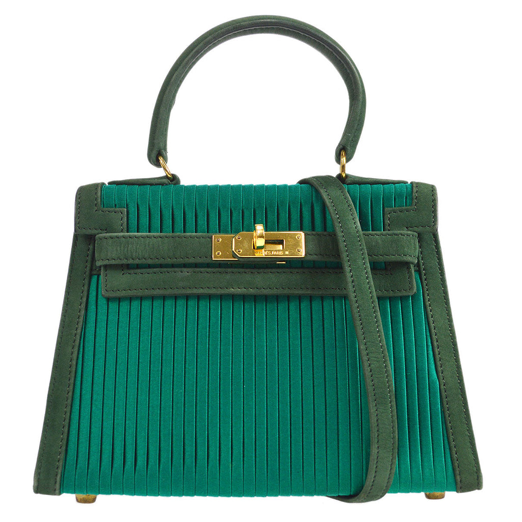 HERMES * 1990 KELLY 20 SELLIER Green Pleated Satin