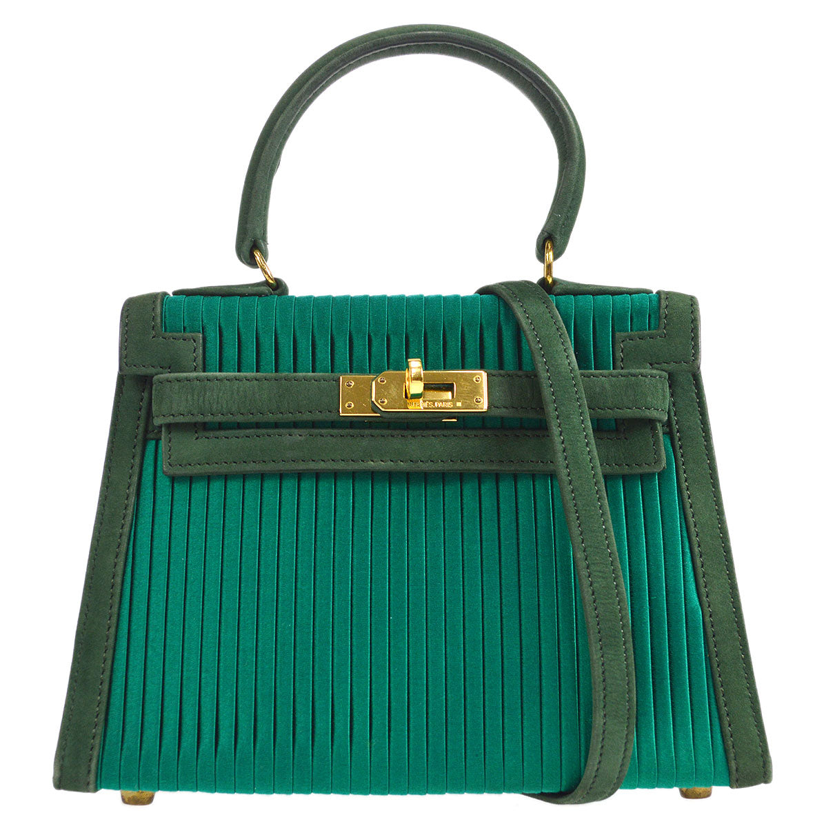 HERMES * 1990 KELLY 20 SELLIER Green Pleated Satin
